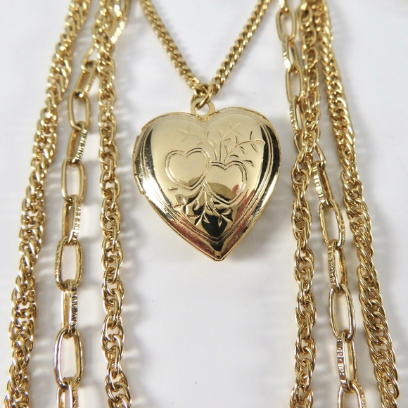 Heart Locket Necklace, Multi Chain, Gold, Gift - Picture 2 of 6